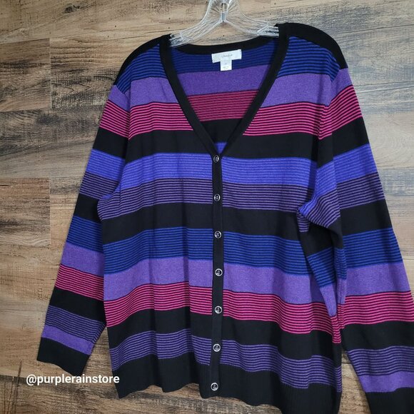 CJ Banks V Neck Cardigan Sweater Size 2X Stretch Colorful Retro Inspired Preppy - Picture 2 of 11